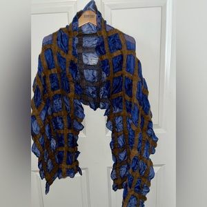 Aidai Felted Silk & Wool Geometric Art Scarf Blue and Brown 16 x 68 Inch